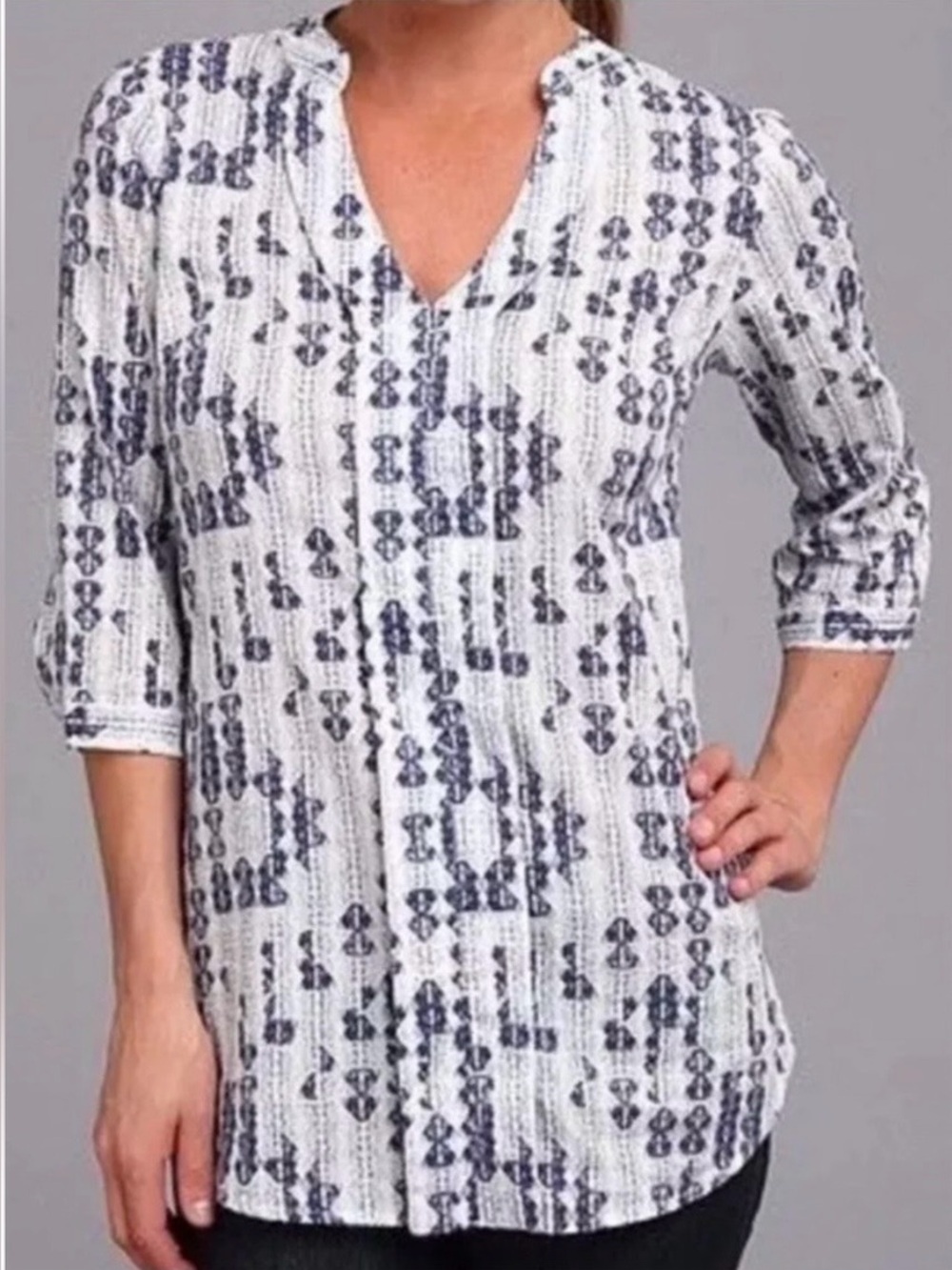 Patagonia Organic Cotton Sedum Tunic Blue White Boho Shirt Women's Size 6